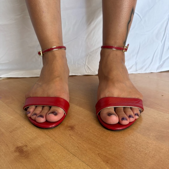 red+gold open-toe ankle-strap kitten wedge sandals - Picture 2 of 5